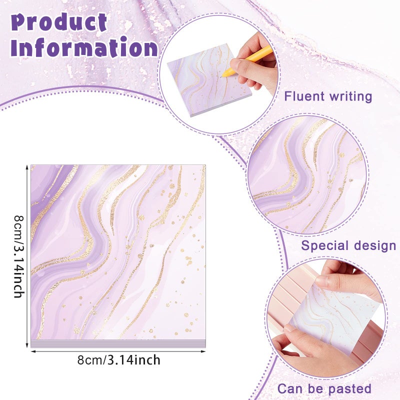 Jecery 9 Pads Marble Purple Sticky Note Pads Marble Self Stick Note Reminder List 3 x 3 Inch Adhesive Memo Pads Purple Marble Office School Supplies, 9 Designs, Golden, purple, white - Image 2