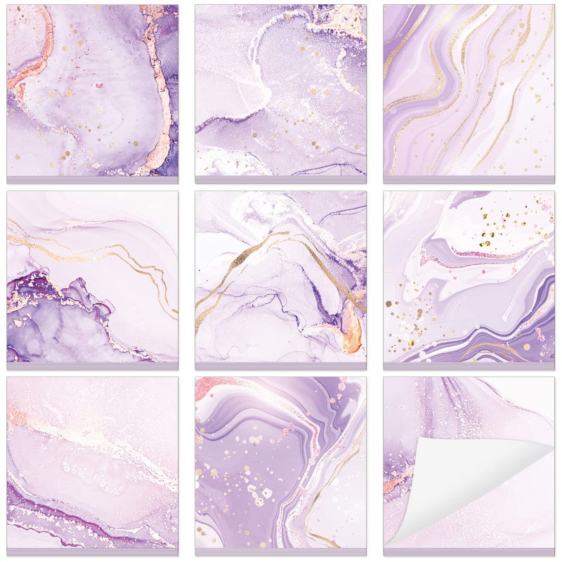 Jecery 9 Pads Marble Purple Sticky Note Pads Marble Self Stick Note Reminder List 3 x 3 Inch Adhesive Memo Pads Purple Marble Office School Supplies, 9 Designs, Golden, purple, white - Image 1