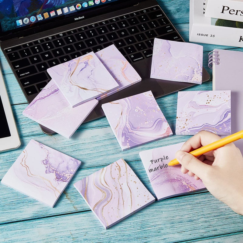 Jecery 9 Pads Marble Purple Sticky Note Pads Marble Self Stick Note Reminder List 3 x 3 Inch Adhesive Memo Pads Purple Marble Office School Supplies, 9 Designs, Golden, purple, white - Image 4