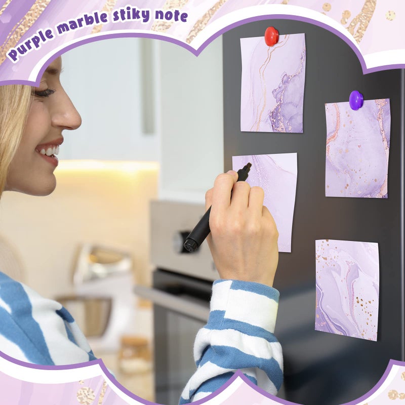 Jecery 9 Pads Marble Purple Sticky Note Pads Marble Self Stick Note Reminder List 3 x 3 Inch Adhesive Memo Pads Purple Marble Office School Supplies, 9 Designs, Golden, purple, white - Image 5
