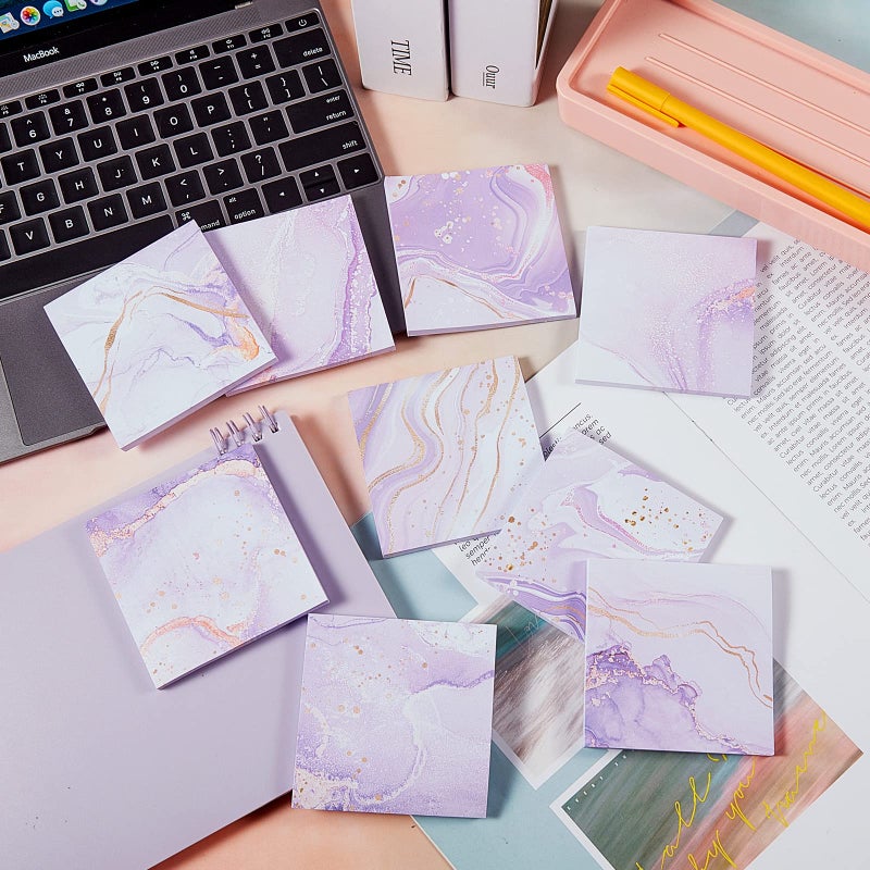 Jecery 9 Pads Marble Purple Sticky Note Pads Marble Self Stick Note Reminder List 3 x 3 Inch Adhesive Memo Pads Purple Marble Office School Supplies, 9 Designs, Golden, purple, white - Image 3