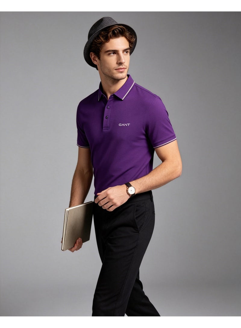 GANT Men Short Sleeve Striped Collar Polo Shirt Casual Daily Wear Solid Purple Top - Image 2