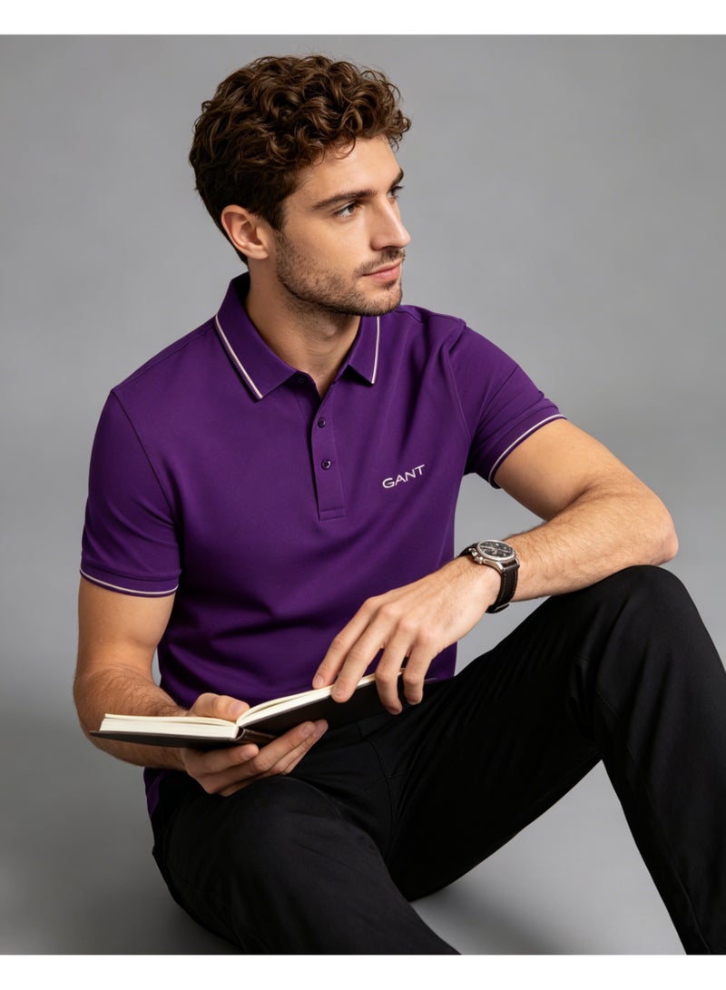 GANT Men Short Sleeve Striped Collar Polo Shirt Casual Daily Wear Solid Purple Top - Image 1