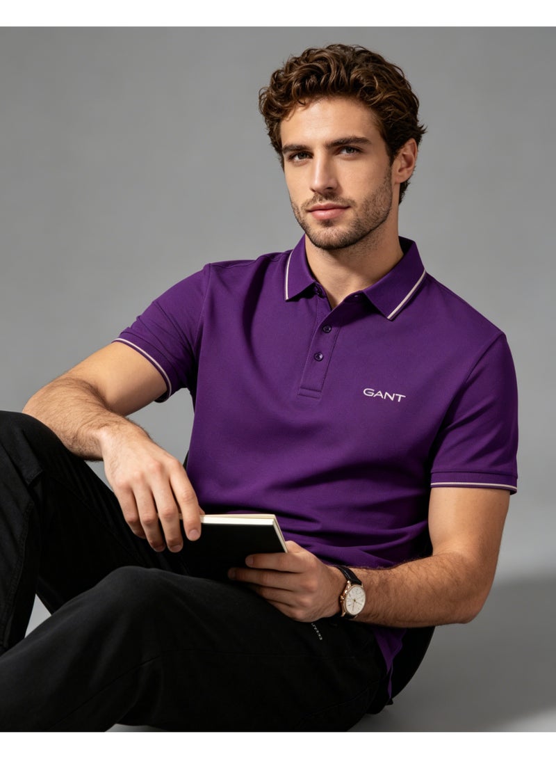 GANT Men Short Sleeve Striped Collar Polo Shirt Casual Daily Wear Solid Purple Top - Image 4