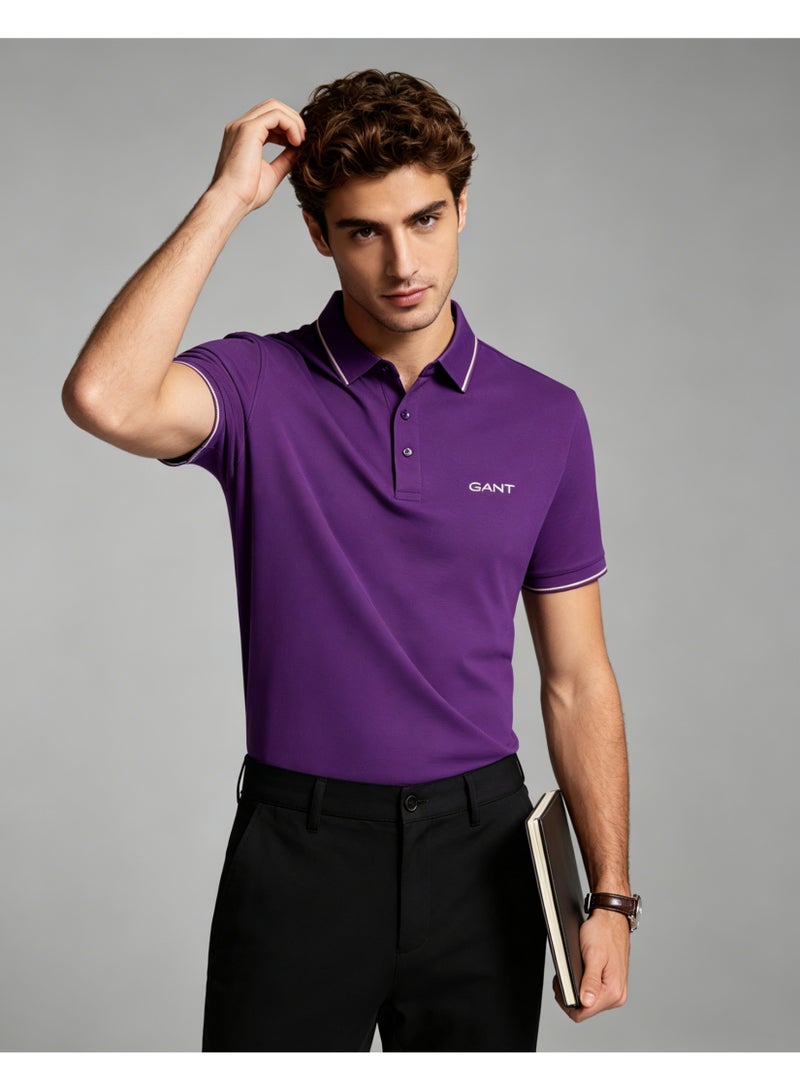 GANT Men Short Sleeve Striped Collar Polo Shirt Casual Daily Wear Solid Purple Top - Image 5