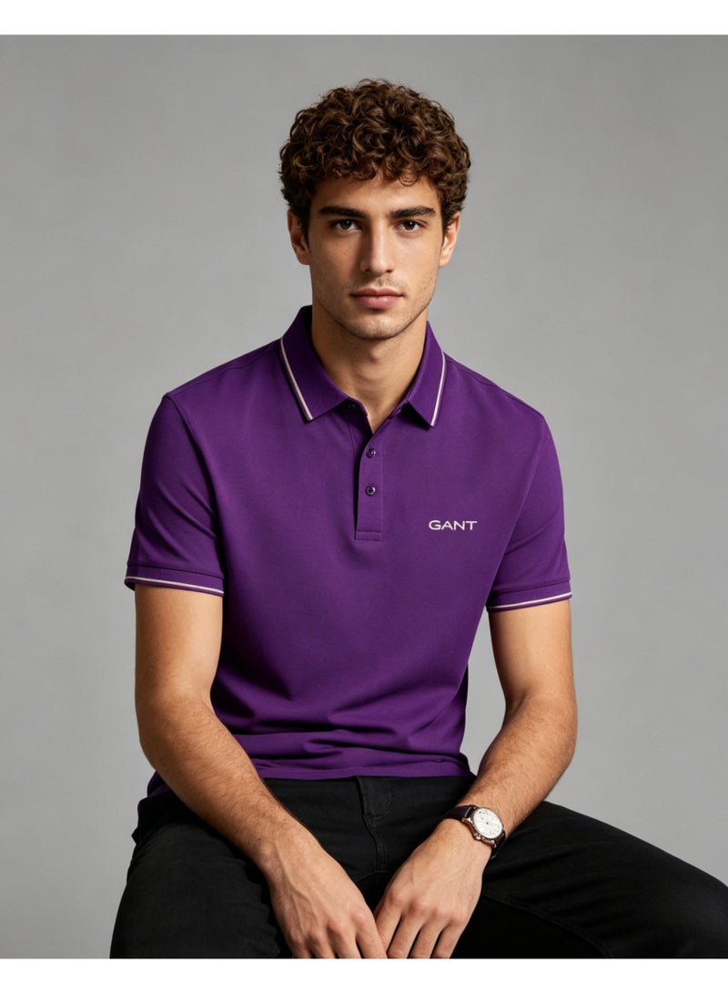 GANT Men Short Sleeve Striped Collar Polo Shirt Casual Daily Wear Solid Purple Top - Image 3