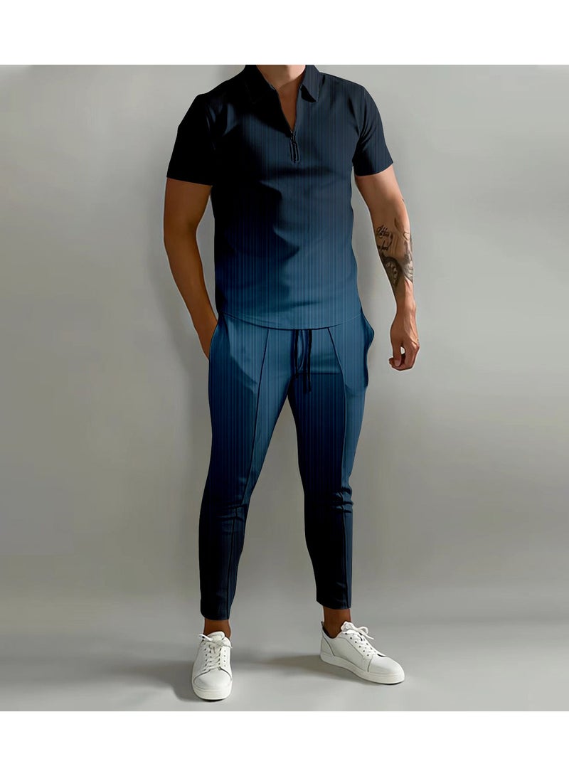 KUYING New Men's 3D Printed Gradient Short Sleeved Polo Pants Casual Two-Piece Set 