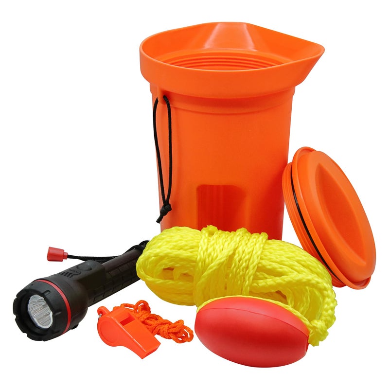 SeaSense Boat Bailer Safety Kit â€“ Dry Storage for Emergency Gear, 1.5 Liters â€“ Includes 50â€™ of Rope, Float Buoy, Whistle & Flashlight â€“ Great for Small Boats, Pontoons, Kayaks & Fishing Vessels - Image 1