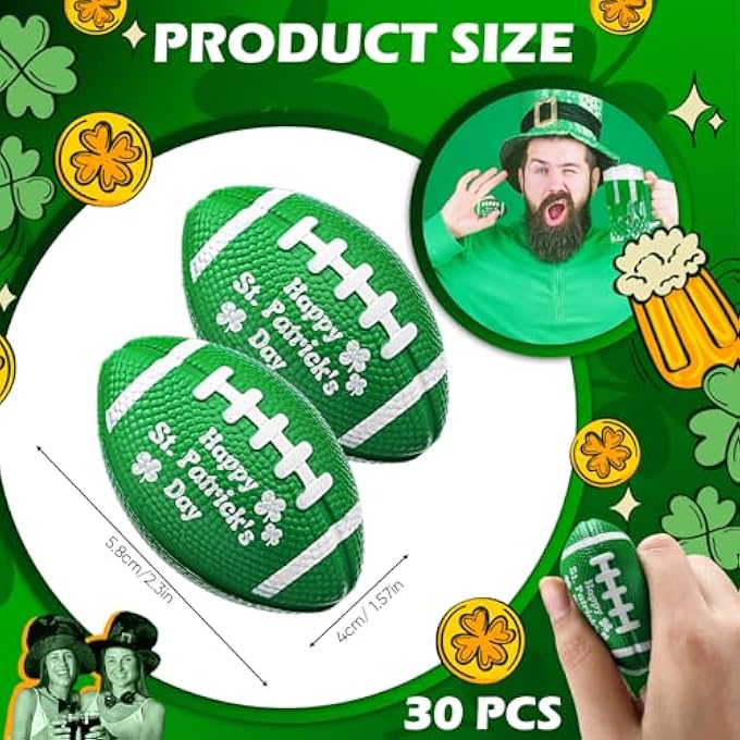 Poen 30 Pcs St. Patricks Day Football Stress Ball Bulk Mini Foam Football Green Stress Relief Ball St. Patrick's Day Gifts for Irish Festival Football Party Favors Stuffer Filler - Image 2