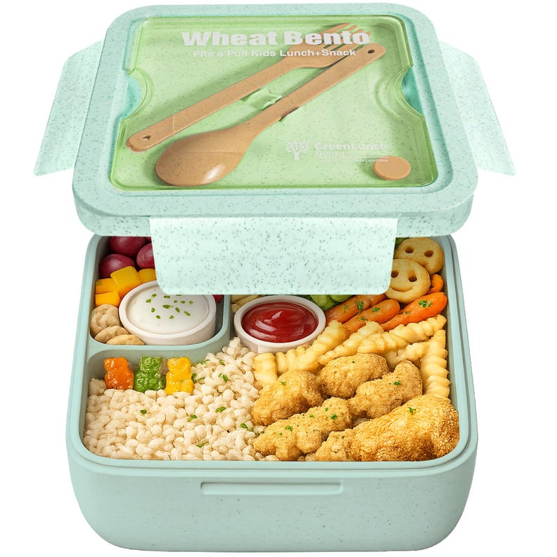 GreenLunch Bento علبة غداء بينتو قابلة للتحلل الحيوي من ويت وير، حاوية تخزين طعام ووجبات خفيفة للأطفال، طقم علبة غداء بينتو من قش القمح للأطفال - أخضر - Image 1