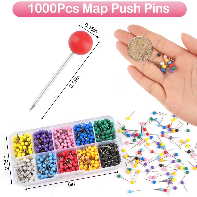 Okxiri 1000 Pcs Multi-Color Push Pins, Map Pins for Travel Map, 1/8" Small Map Tacks with Plastic Beads Head for Cork Board, World Map Pin Board, Bulletin Board, Fabric Marking, Craft, Office - Image 2