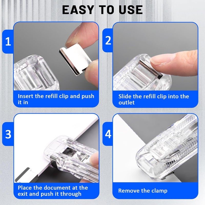 2PCS Paper Clip Dispenser with 200PCS Clam Clips, Portable Mini Stapler Holeless Stationery Push Clip and Paper Clamp for School Office Home (2 Colors) - Image 4