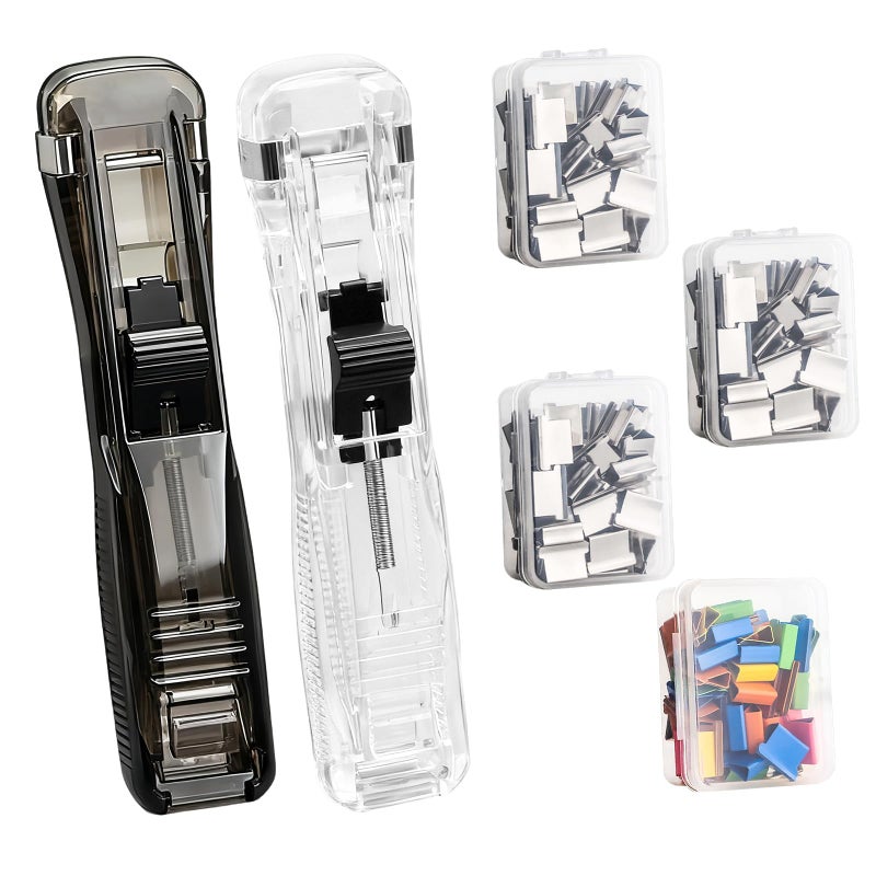 2PCS Paper Clip Dispenser with 200PCS Clam Clips, Portable Mini Stapler Holeless Stationery Push Clip and Paper Clamp for School Office Home (2 Colors) - Image 1