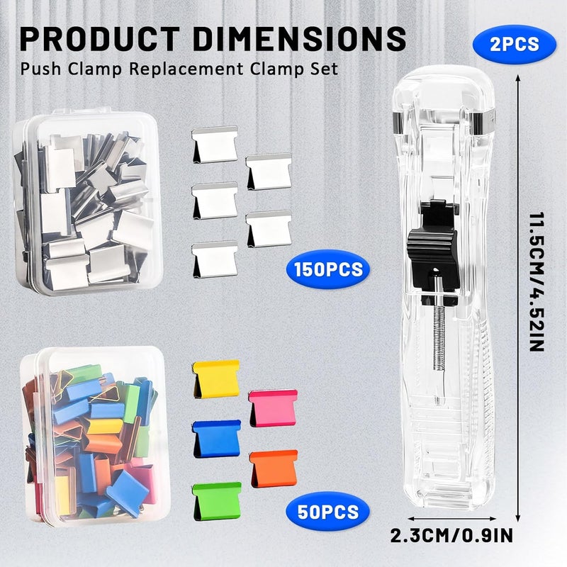 2PCS Paper Clip Dispenser with 200PCS Clam Clips, Portable Mini Stapler Holeless Stationery Push Clip and Paper Clamp for School Office Home (2 Colors) - Image 2