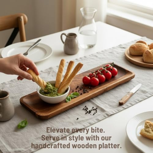 SAAGA Acacia Solid Wood Rectangular Serving Platter | 17 x 5 Inch Multipurpose Tray for Snacks, Fruits & Desserts – Brown - Image 5