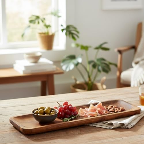 SAAGA Acacia Solid Wood Rectangular Serving Platter | 17 x 5 Inch Multipurpose Tray for Snacks, Fruits & Desserts – Brown - Image 1