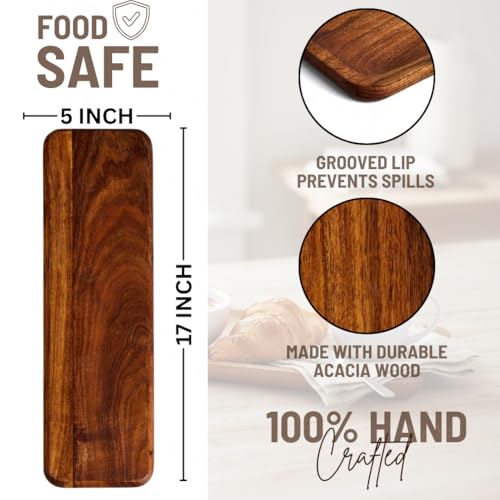 SAAGA Acacia Solid Wood Rectangular Serving Platter | 17 x 5 Inch Multipurpose Tray for Snacks, Fruits & Desserts – Brown - Image 2