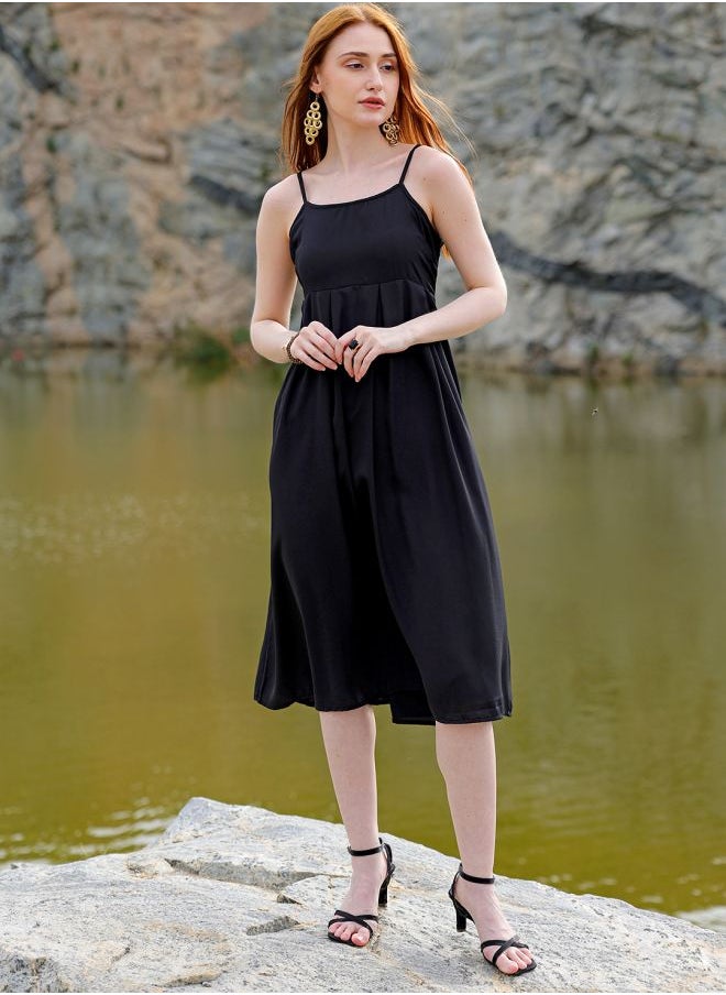 Freehand - Women Fit and Flared Casual Solid Pleated Dress - Image 1