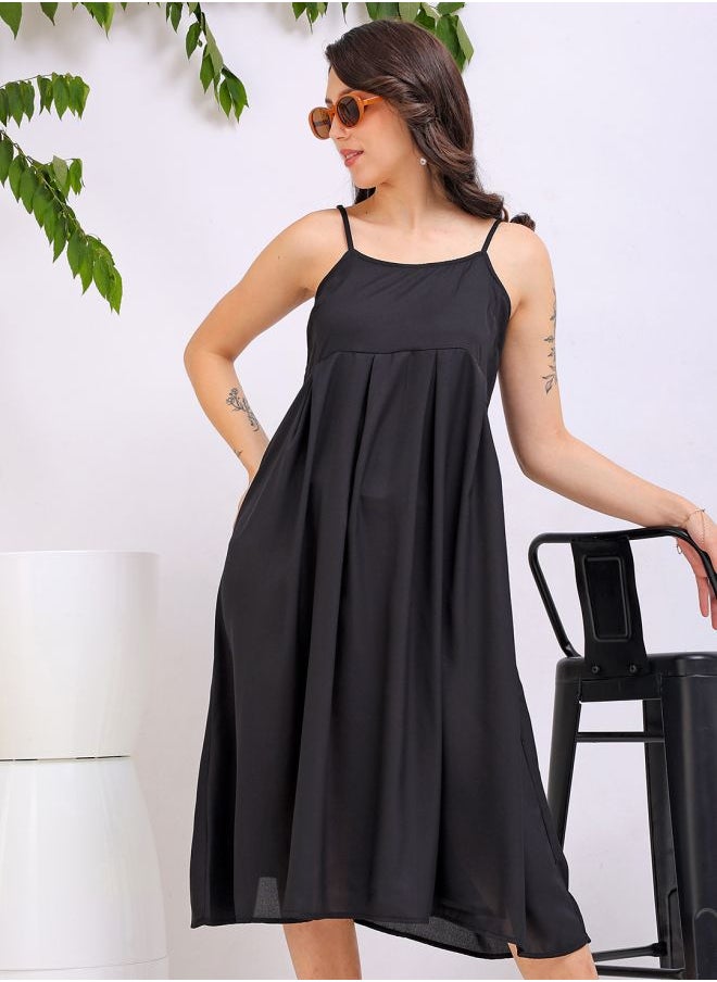 Freehand - Women Fit and Flared Casual Solid Pleated Dress - Image 1