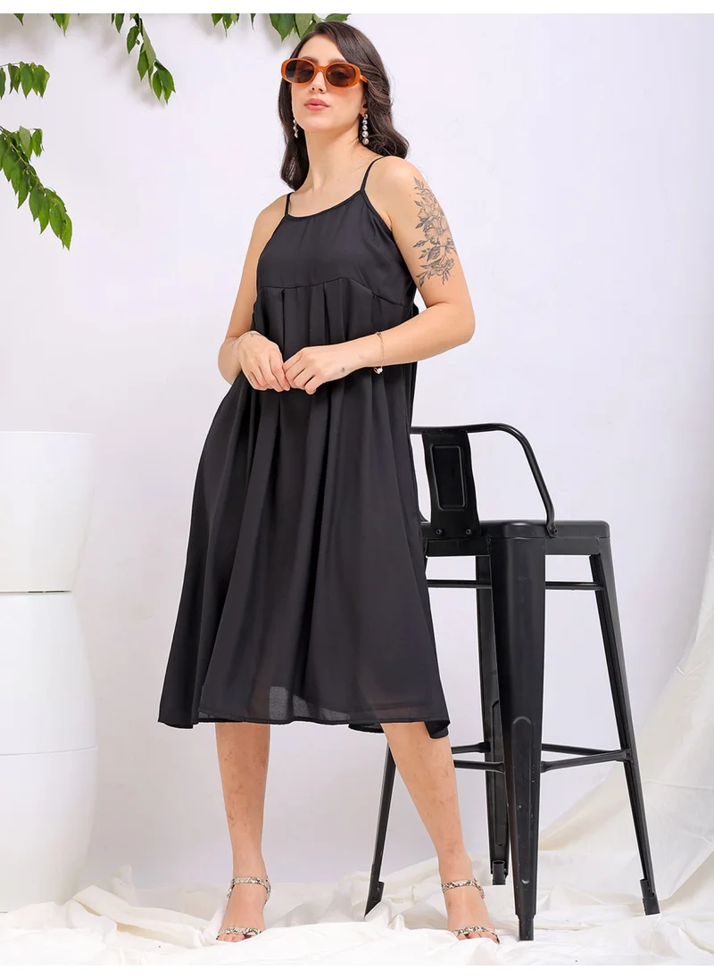 مرفوعة Women Casual Fit And Flare Solid Pleated Square Neck Knee Length Pleated Dress