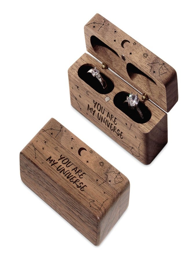 Wislist Wooden Engraved Ring Box for Proposal Wedding Ceremony 2 Ring Holder Village Fashion Jewelry Box(You are my universe) - Image 1