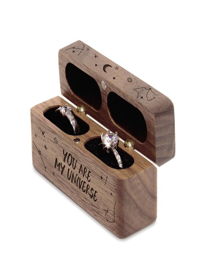 Wislist Wooden Engraved Ring Box for Proposal Wedding Ceremony 2 Ring Holder Village Fashion Jewelry Box(You are my universe) - Image 4