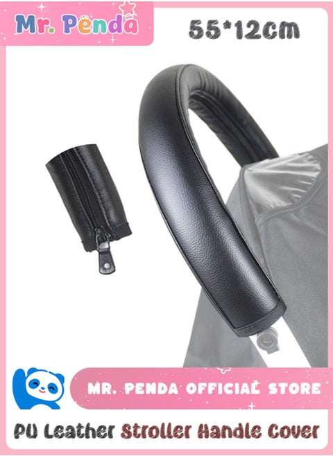 Stroller Handle Cover, PU Leather Pram Handle Protector Stroller, Pushchair Armrest Handle Protector Cover (Black)