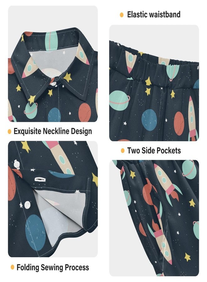 visesunny Boys 2 Piece Outfit Button Down Shirt and Short Sets Cartoon Space Planet Rocket Boy Summer Outfits for Children Kids - Image 5