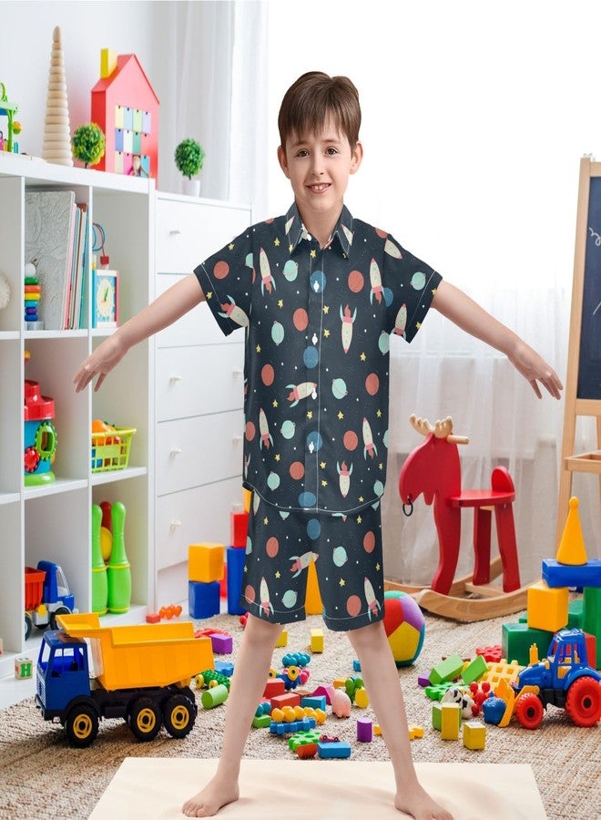 visesunny Boys 2 Piece Outfit Button Down Shirt and Short Sets Cartoon Space Planet Rocket Boy Summer Outfits for Children Kids - Image 2