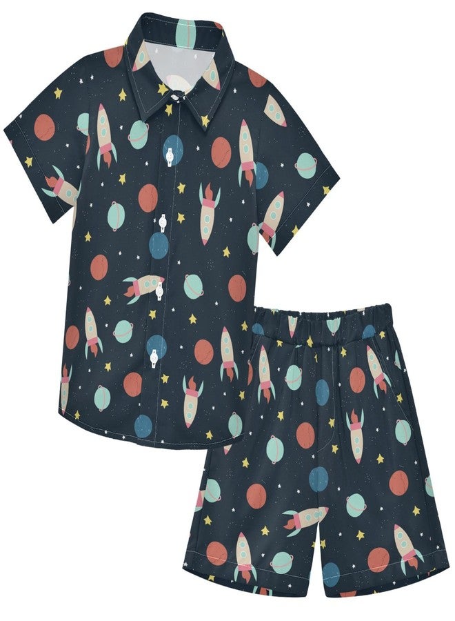 visesunny Boys 2 Piece Outfit Button Down Shirt and Short Sets Cartoon Space Planet Rocket Boy Summer Outfits for Children Kids - Image 1