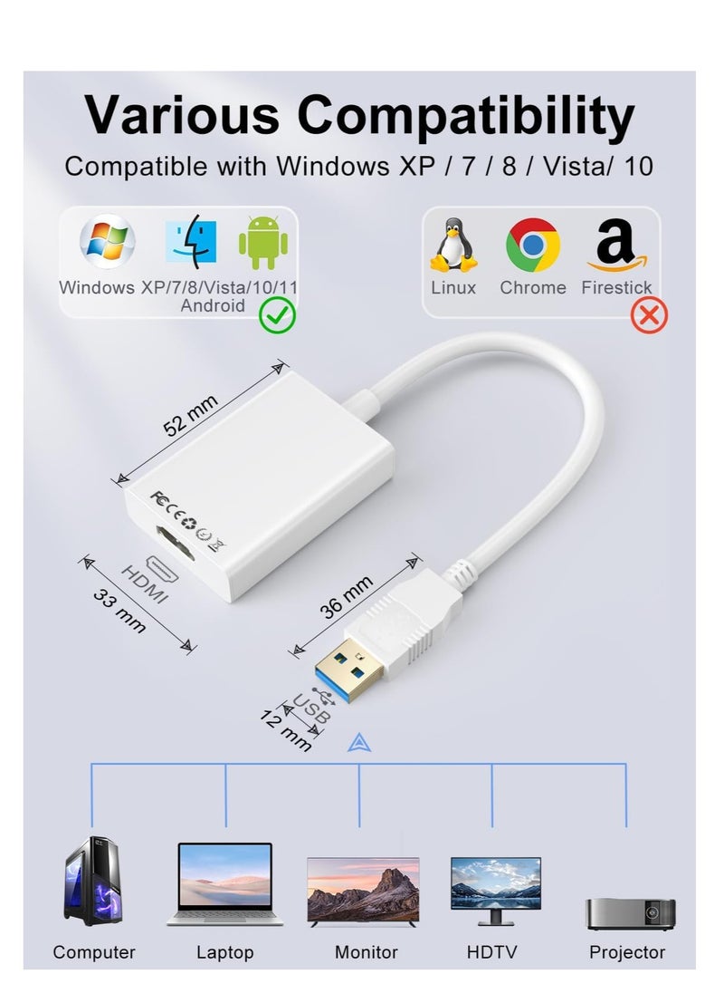 Generic - USB 3.0 to HDMI Adapter, HD 1080P Video Audio Graphics Multi Monitor USB 3.0/2.0 to HDMI Mirroring/Expansion Converter Cable for PC/HDTV/Projector, Compatible with Windows XP/7/8/8.1/10/11/Android - Image 1