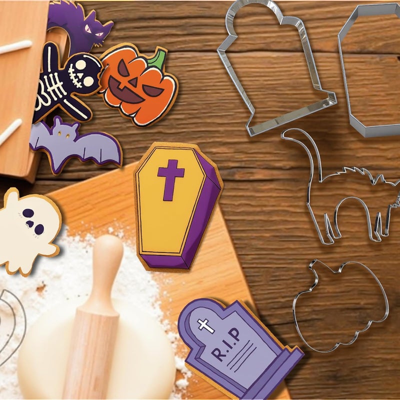 OHOME 9 PCS Halloween Cookie Cutters Kit Halloween Party Favors - Shaped in Bat Ghost Cat Pumpkin Coffin | Stainless Steel Halloween Party Decorations Food Baking Supplies for Kitchen - Image 4