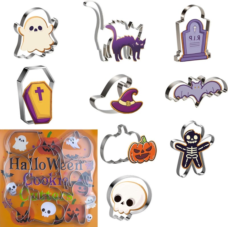 OHOME 9 PCS Halloween Cookie Cutters Kit Halloween Party Favors - Shaped in Bat Ghost Cat Pumpkin Coffin | Stainless Steel Halloween Party Decorations Food Baking Supplies for Kitchen - Image 1