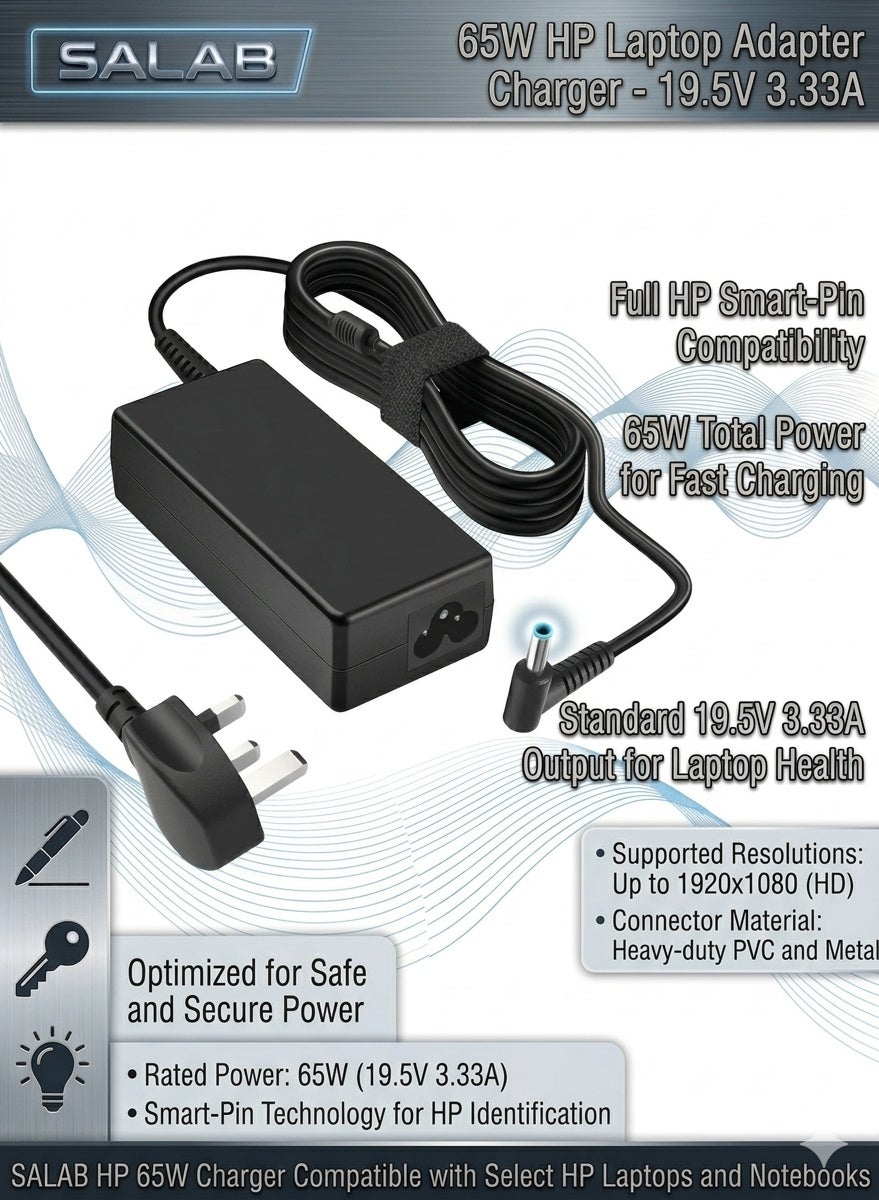 Salab Replacement 65W HP Laptop Charger, Ac Adapter for HP Pavilion, HP EliteBook, HP Spectre, HP Envy, HP Chromebook, HP ProBook, HP Stream, HP 250 G6, 255 G7 and More(4.5 X 3mm)