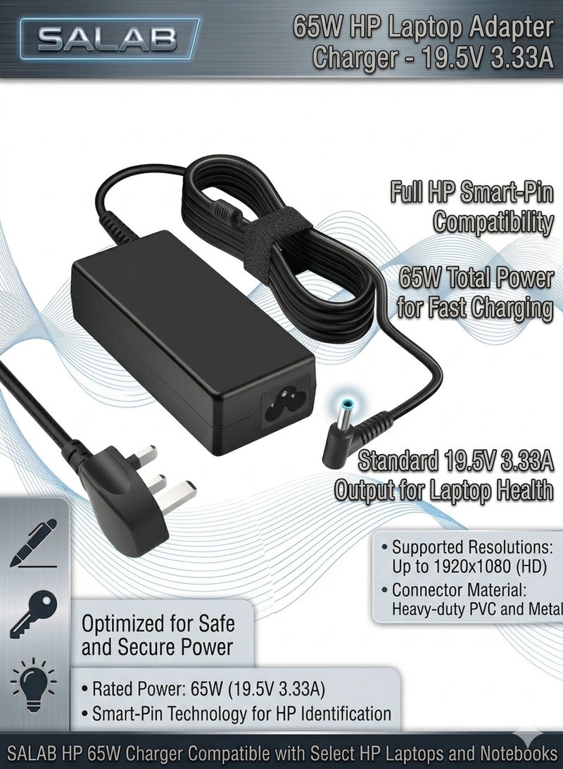 Salab Replacement 65W HP Laptop Charger, Ac Adapter for HP Pavilion, HP EliteBook, HP Spectre, HP Envy, HP Chromebook, HP ProBook, HP Stream, HP 250 G6, 255 G7 and More(4.5 X 3mm) - Image 1