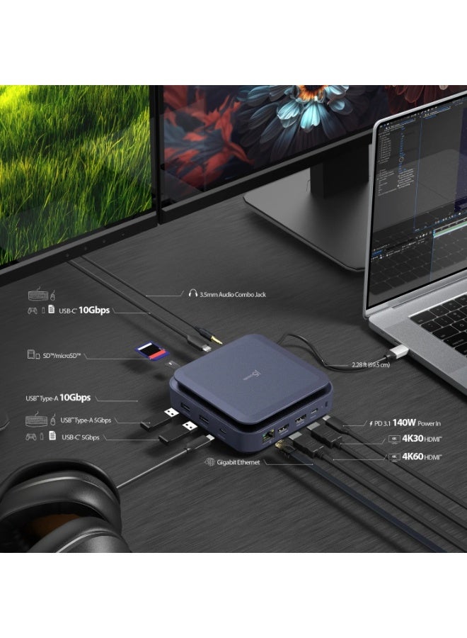 j5create Dual USB Type C 4K Docking Station HDMI 140W PD, Quick Charge Gigabit Ethernet, LAN with USB A C 3.2 Cable 10Gbps SD 3.0 Card Reader Compatible with Windows, macOS JCD3196 - Image 4