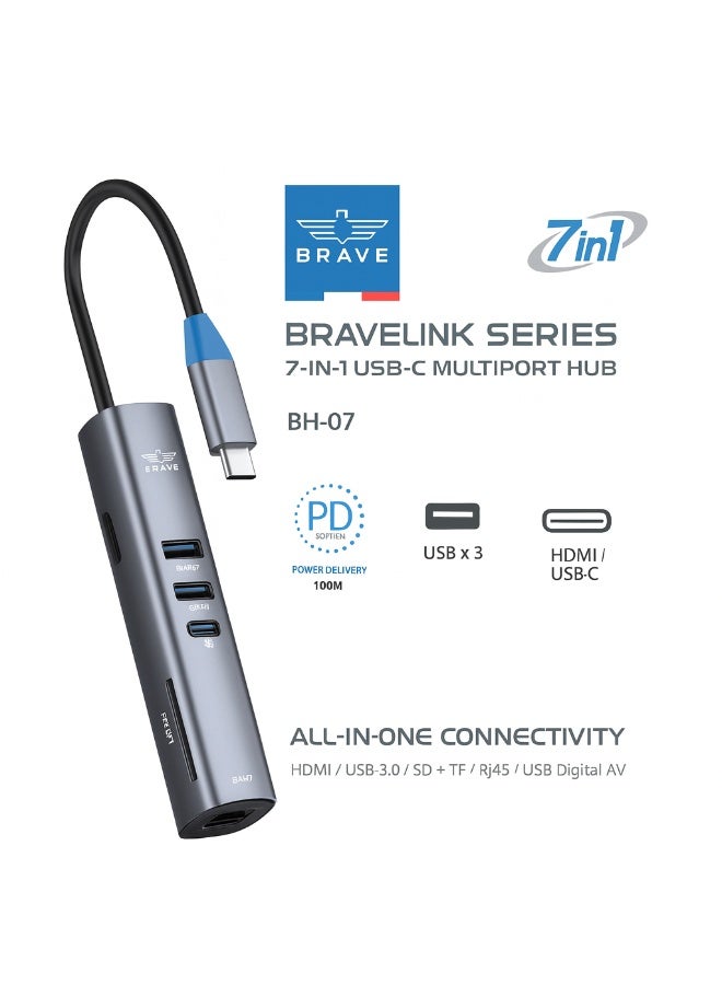 BraveLink Series 7-in-1 USB-C Multiport Hub BH-07 - 4K HDMI, 100W Power Delivery (PD), USB 3.0, SD/TF Card Readers | All-in-One Adapter for MacBook Pro/Air, iPad Pro, Windows Laptops (Space Gray) 1 Year Warranty - Image 1