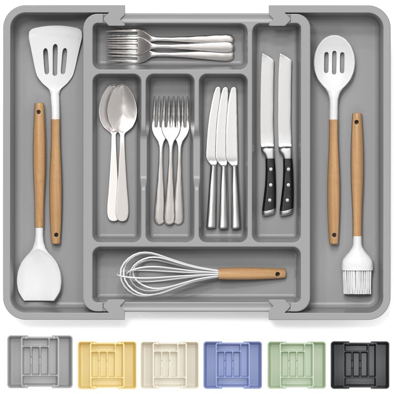 Caperci Large Silverware Organizer for Kitchen Drawer & Utensils - Expandable Drawer Organizer for Cutlery, Flatware & Gadget, BPA-Free Thick Plastic, Wider Compartments & Non-skid Feet (Medium Gray) - Image 1
