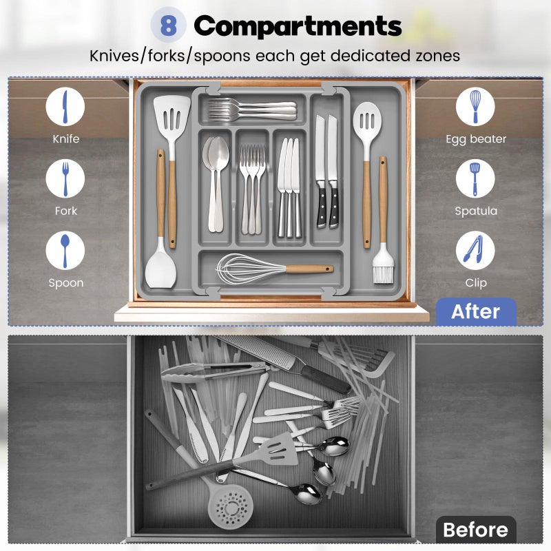 Caperci Large Silverware Organizer for Kitchen Drawer & Utensils - Expandable Drawer Organizer for Cutlery, Flatware & Gadget, BPA-Free Thick Plastic, Wider Compartments & Non-skid Feet (Medium Gray) - Image 5