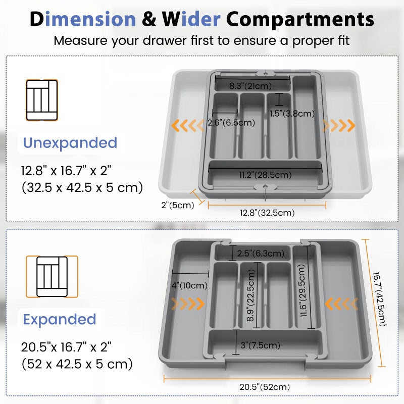 Caperci Large Silverware Organizer for Kitchen Drawer & Utensils - Expandable Drawer Organizer for Cutlery, Flatware & Gadget, BPA-Free Thick Plastic, Wider Compartments & Non-skid Feet (Medium Gray) - Image 2