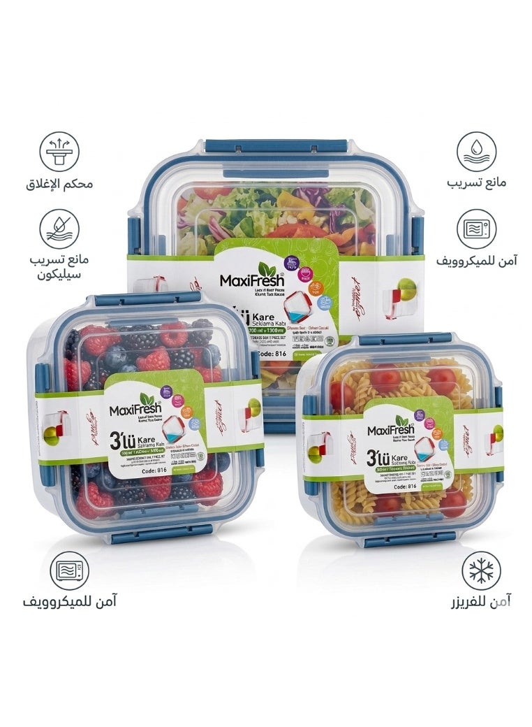 ماكس فريش طقم علب حفظ طعام ماكسي فريش (MaxiFresh) 3 قطع - إغلاق محكم بمانع تسريب سيليكون - سعات متنوعة (300، 700، 1300 مل) - آمن للميكروويف والفريزر - شفاف بإطار أزرق - Image 2