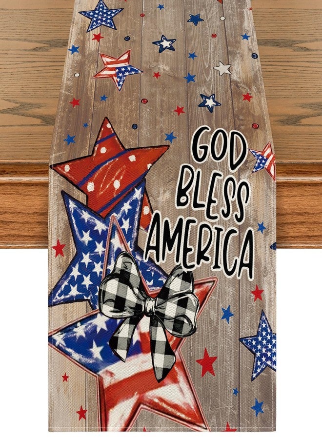 Artoid Mode Wood God Bless America Stars Patriotic 210 GSM 4th of July Table Runner, Memorial Day Kitchen Dining Table Decoration for Home Party Decor 13x72 Inch - Image 1