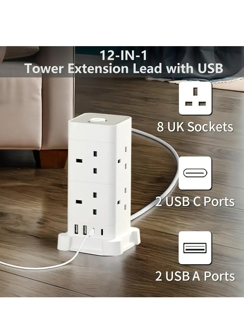 McDou Tower Extension Cable with USB Slot, 8-way 4 USB (2 USB-A & 2 USB C) Multi-Plug Tower Extension Cable, Surge Protected Extension Cable with Switch, 1.5 Meter Extension Cable, Extension Cables for Home, Office  - Image 4
