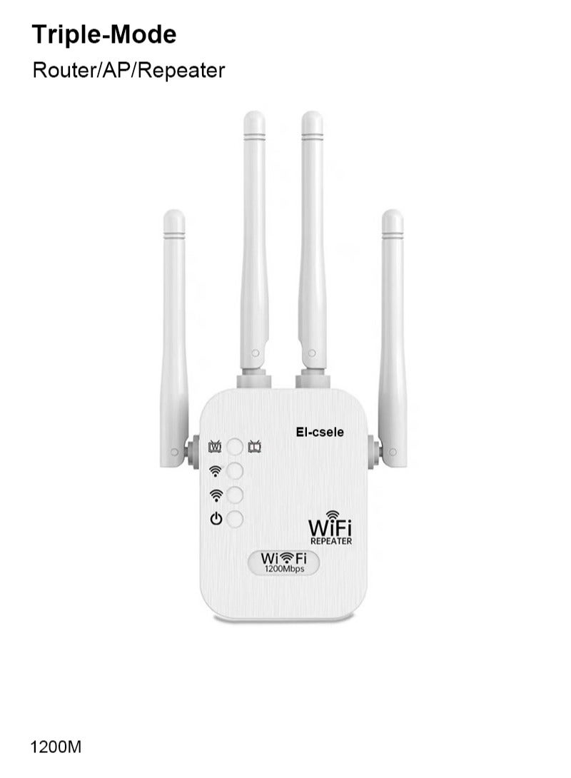 El-csele 1200Mbps 2.4G & 5G Dual-Band WiFi Extender Repeater AP Router Triple Mode 1722 sq ft Coverage 4 High-Gain Antennas One-Touch Pairing - Image 1