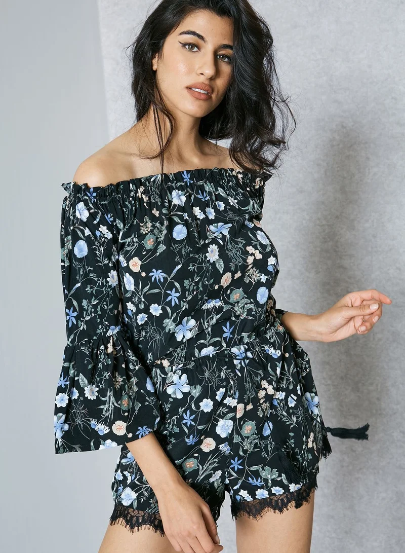 Ginger Floral Print Lace Hem Bardot Playsuit
