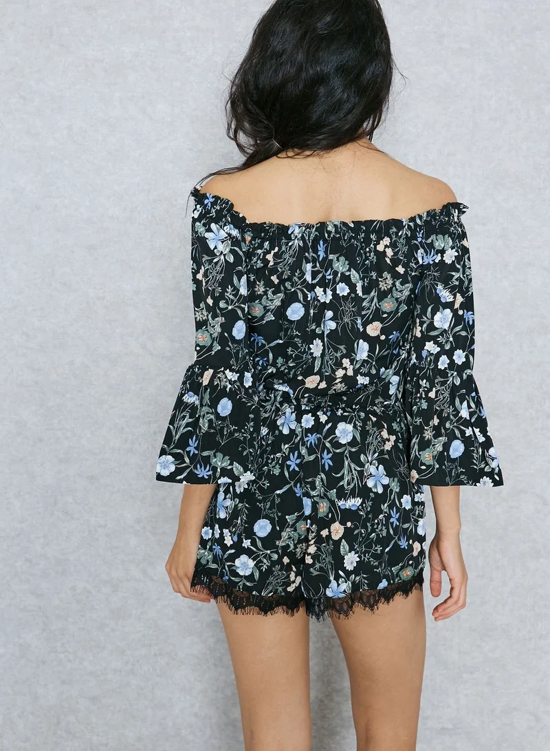 Ginger Floral Print Lace Hem Bardot Playsuit