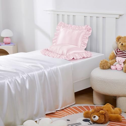Entisn Ruffle Satin Toddler Pillowcase Set of 2, 13 x 18 Inch Toddler Silky Pillow Covers with Envelope Closure, Anti Wrinkle Soft Travel Pillow Case Nursery Pillow Sham for Girls, Boys (Baby Pink) - Image 5