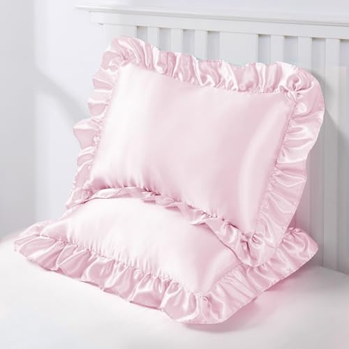 Entisn Ruffle Satin Toddler Pillowcase Set of 2, 13 x 18 Inch Toddler Silky Pillow Covers with Envelope Closure, Anti Wrinkle Soft Travel Pillow Case Nursery Pillow Sham for Girls, Boys (Baby Pink) - Image 2