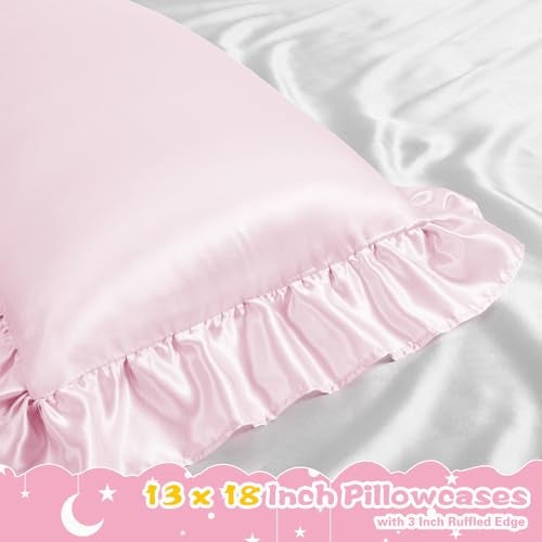 Entisn Ruffle Satin Toddler Pillowcase Set of 2, 13 x 18 Inch Toddler Silky Pillow Covers with Envelope Closure, Anti Wrinkle Soft Travel Pillow Case Nursery Pillow Sham for Girls, Boys (Baby Pink) - Image 3