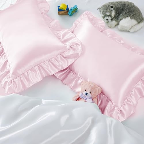 Entisn Ruffle Satin Toddler Pillowcase Set of 2, 13 x 18 Inch Toddler Silky Pillow Covers with Envelope Closure, Anti Wrinkle Soft Travel Pillow Case Nursery Pillow Sham for Girls, Boys (Baby Pink) - Image 1